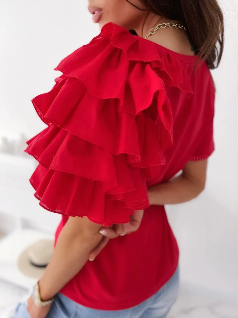 Ruffled Short-sleeved Crew Neck T-shirt - Image 11