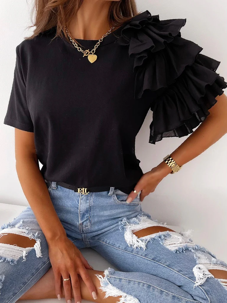 Ruffled Short-sleeved Crew Neck T-shirt - Image 12