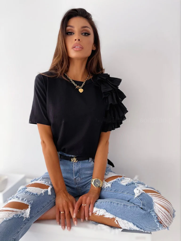 Ruffled Short-sleeved Crew Neck T-shirt - Image 13