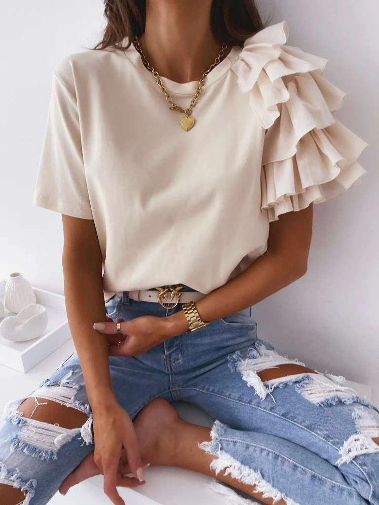 Ruffled Short-sleeved Crew Neck T-shirt - Image 3