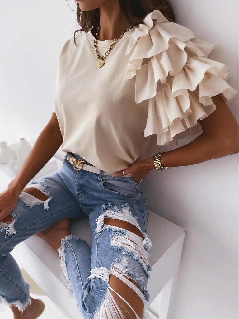 Ruffled Short-sleeved Crew Neck T-shirt - Image 4