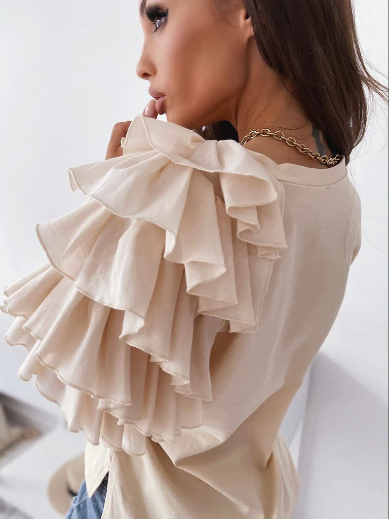 Ruffled Short-sleeved Crew Neck T-shirt - Image 5