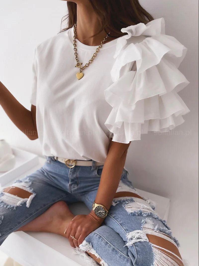 Ruffled Short-sleeved Crew Neck T-shirt - Image 7