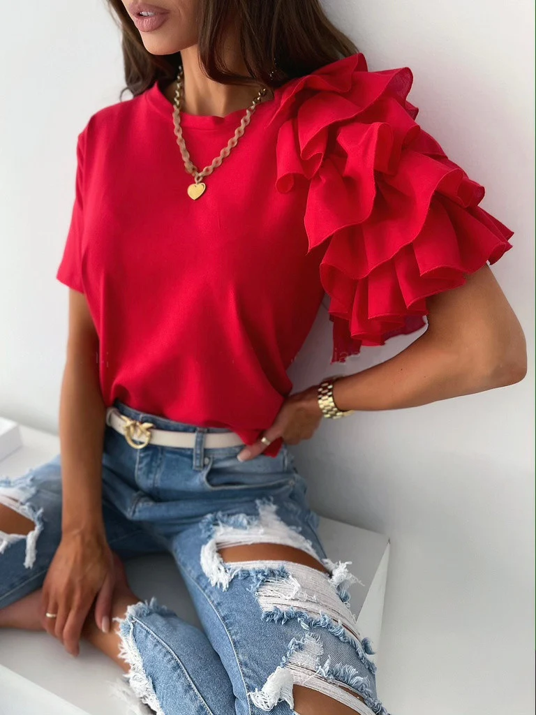 Ruffled Short-sleeved Crew Neck T-shirt - Image 9