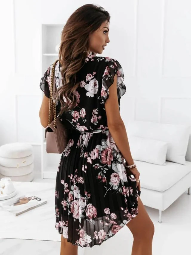 Ruffled Short-sleeved V-neck Floral Print Mini Dress - Image 12