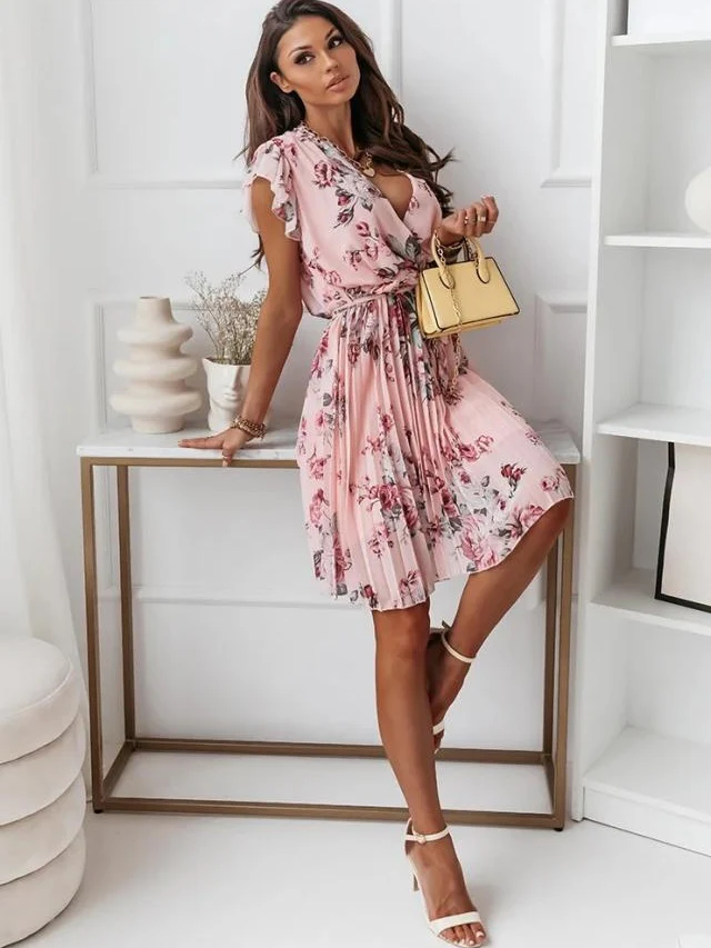 Ruffled Short-sleeved V-neck Floral Print Mini Dress - Image 3
