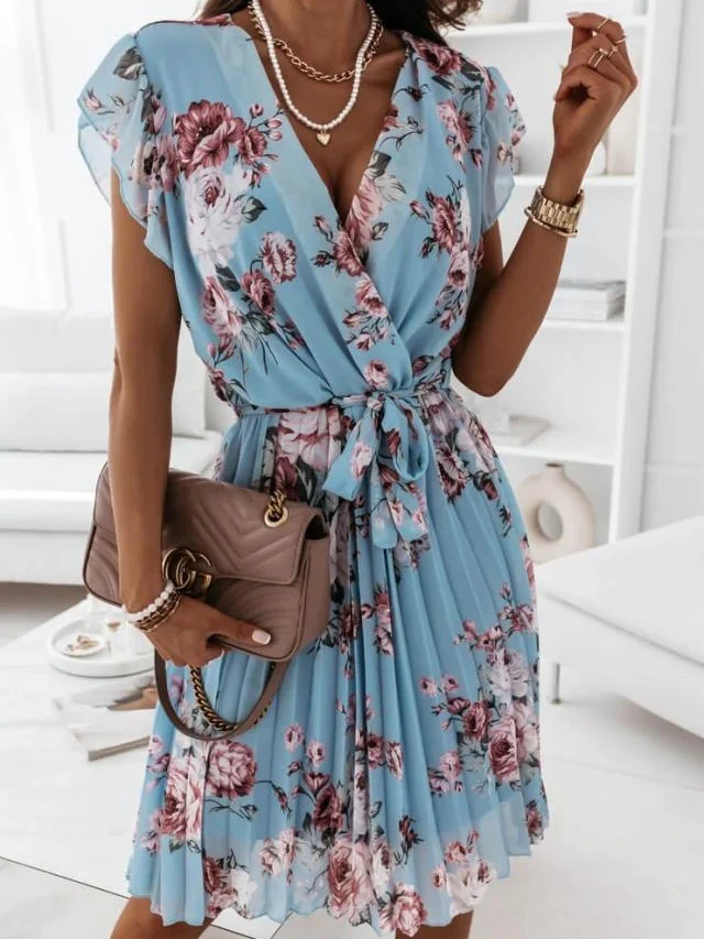 Ruffled Short-sleeved V-neck Floral Print Mini Dress - Image 4
