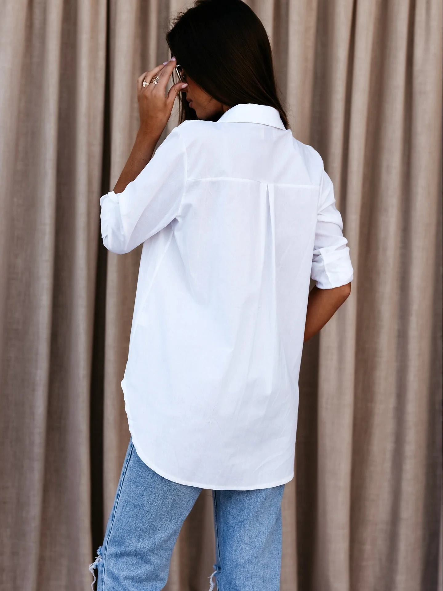 Simple Long-sleeved V-neck Button-down Shirt - Image 4