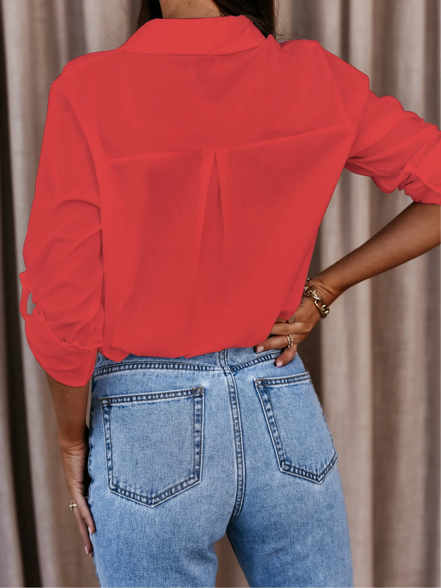 Simple Long-sleeved V-neck Button-down Shirt - Image 6