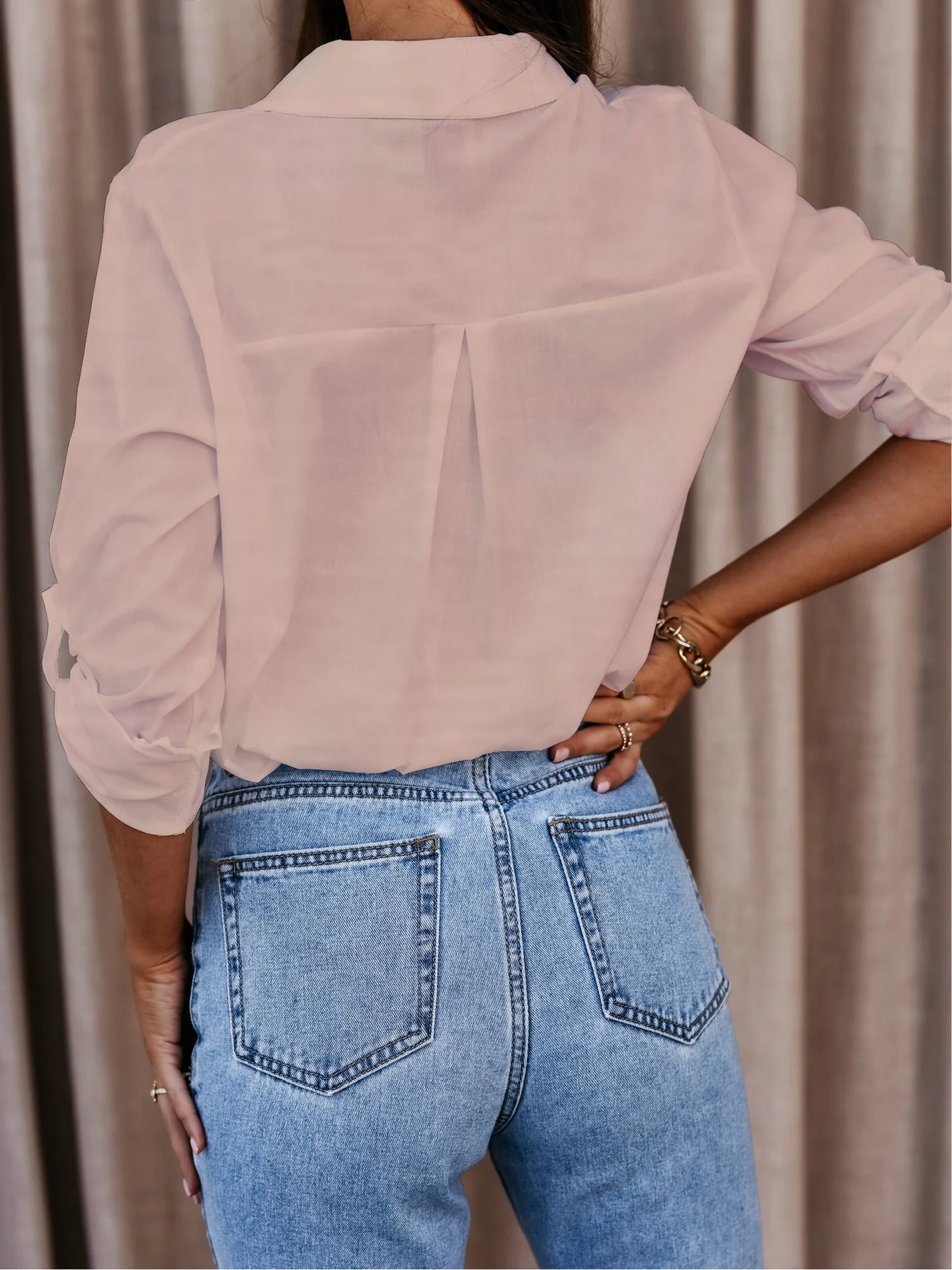 Simple Long-sleeved V-neck Button-down Shirt - Image 8