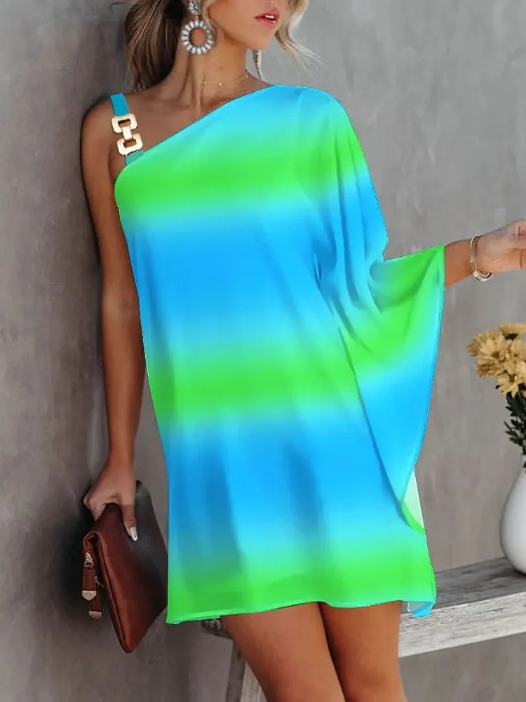Batwing Sleeve Off-shoulder Metallic Halter Short Dress - Image 2