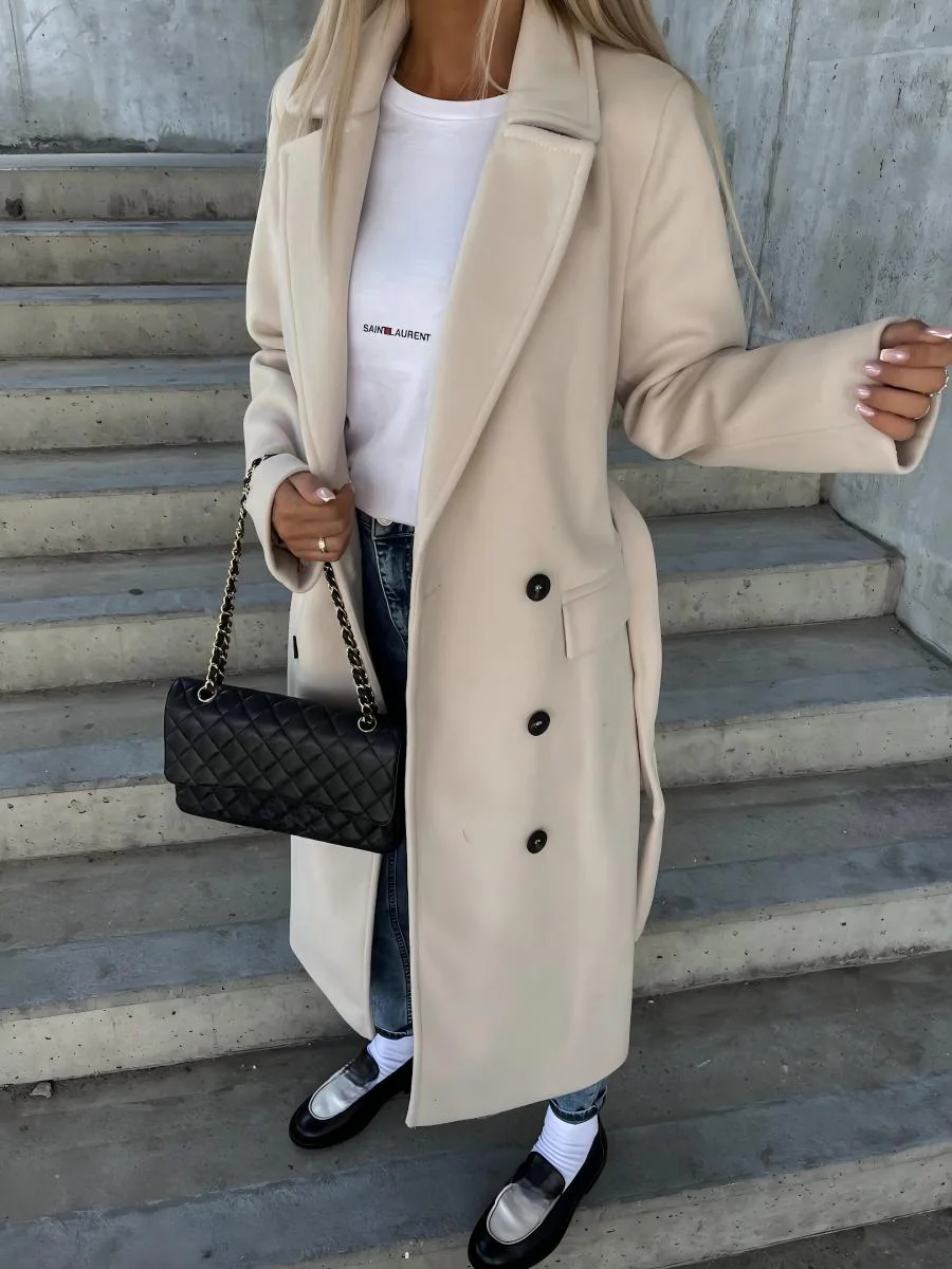 Simple Long-sleeved Lapel Button-down Woolen Coat - Image 2