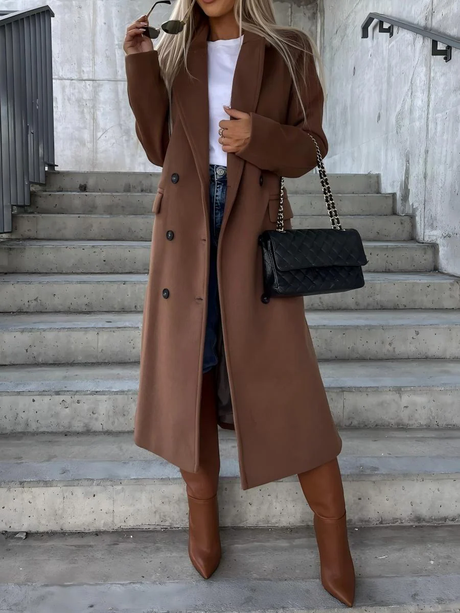 Simple Long-sleeved Lapel Button-down Woolen Coat - Image 4