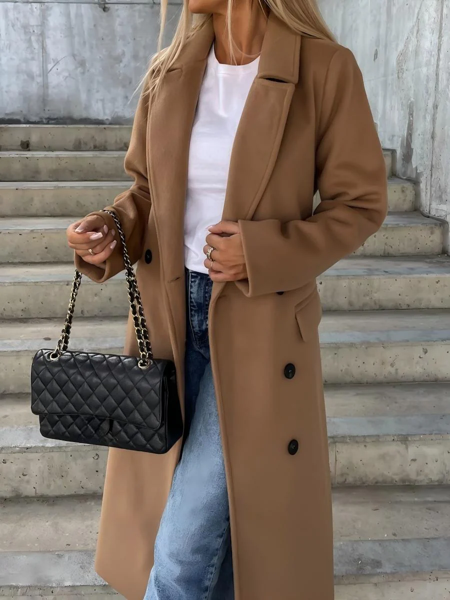 Simple Long-sleeved Lapel Button-down Woolen Coat - Image 6