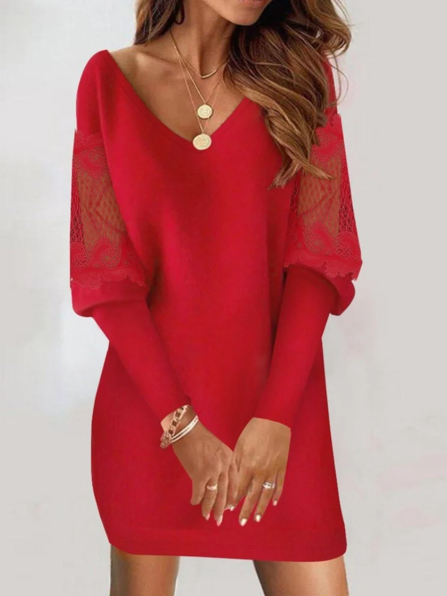 V-neck Long Sleeve Lace Stitching Knitting Mini&Short Dresses - Image 3