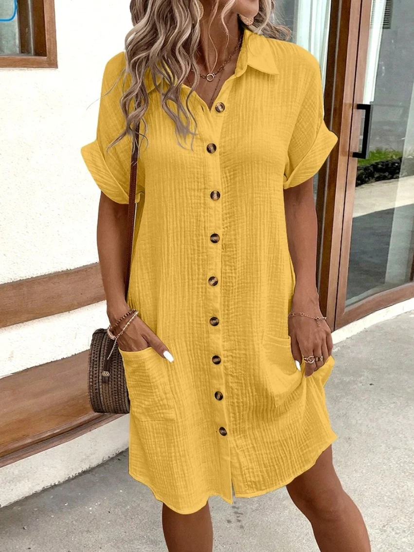 Casual Vacation Simple V-neck Button Short Dress - Image 14