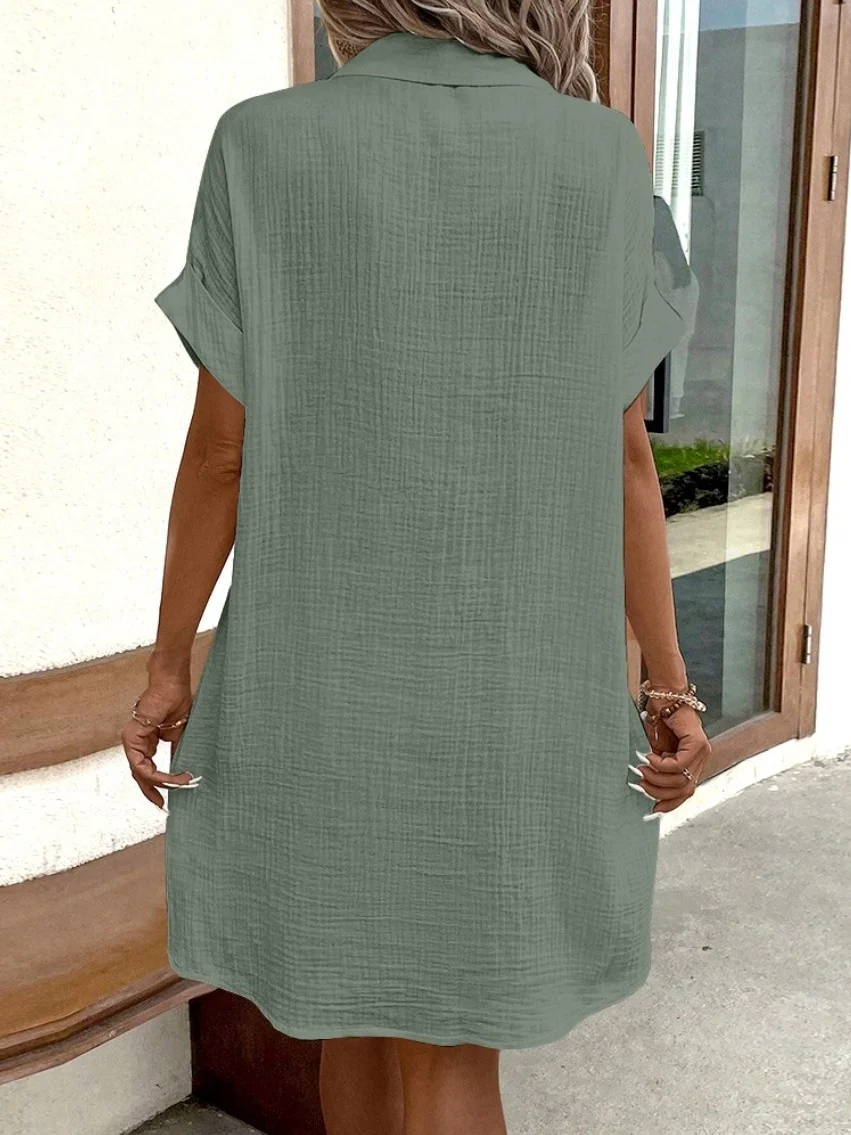 Casual Vacation Simple V-neck Button Short Dress - Image 7
