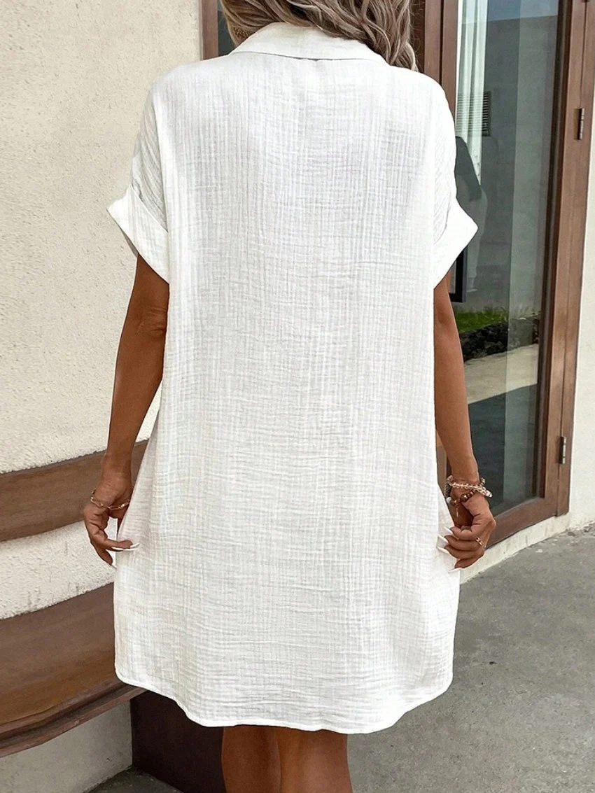 Simple V-neck Button-down Short Dress - Image 3