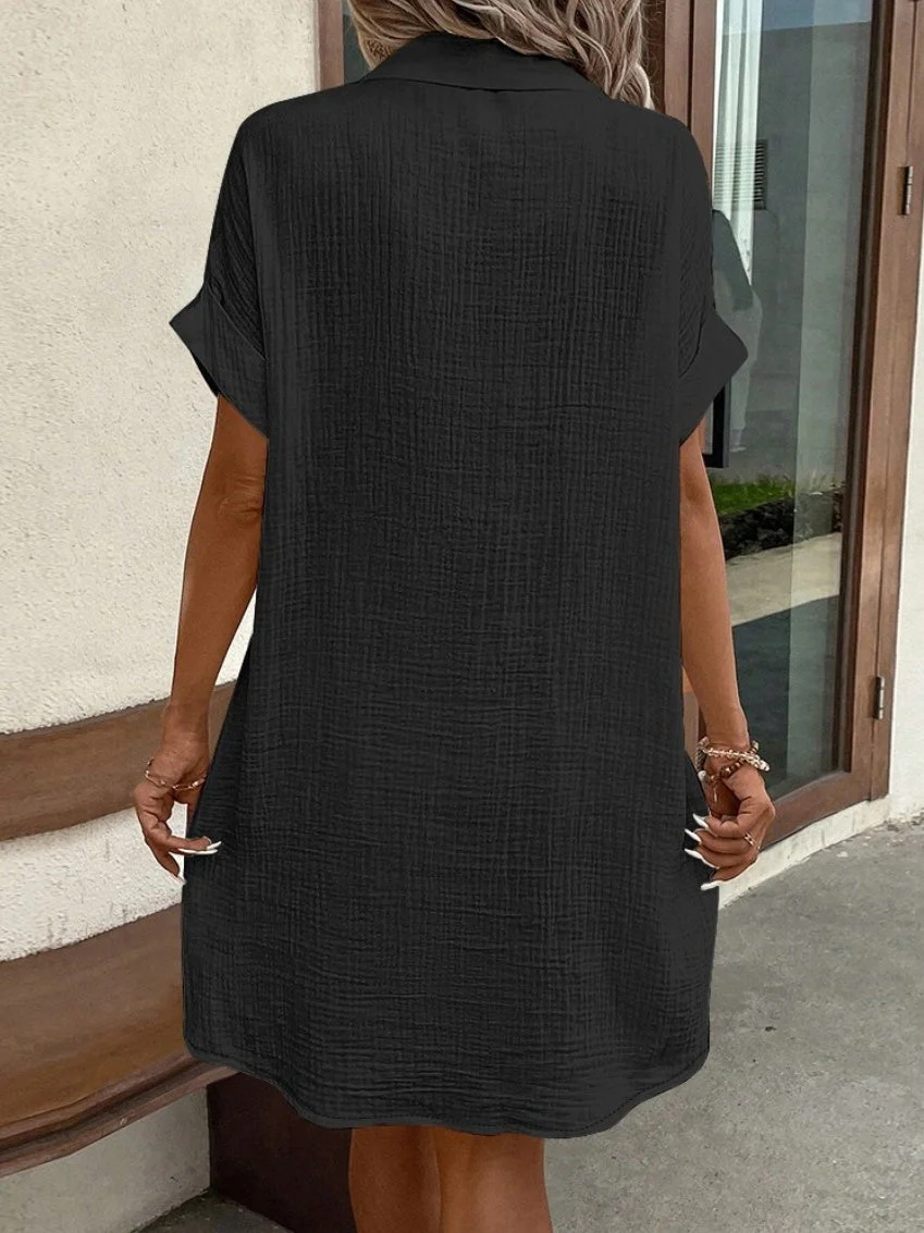 Simple V-neck Button-down Short Dress - Image 7