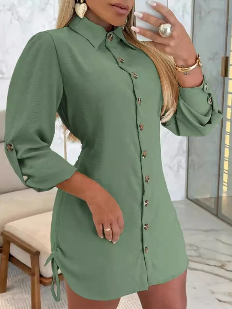 Long-sleeved Solid Color Short Dress With Drawstring Buttons On Both Sides - Image 2
