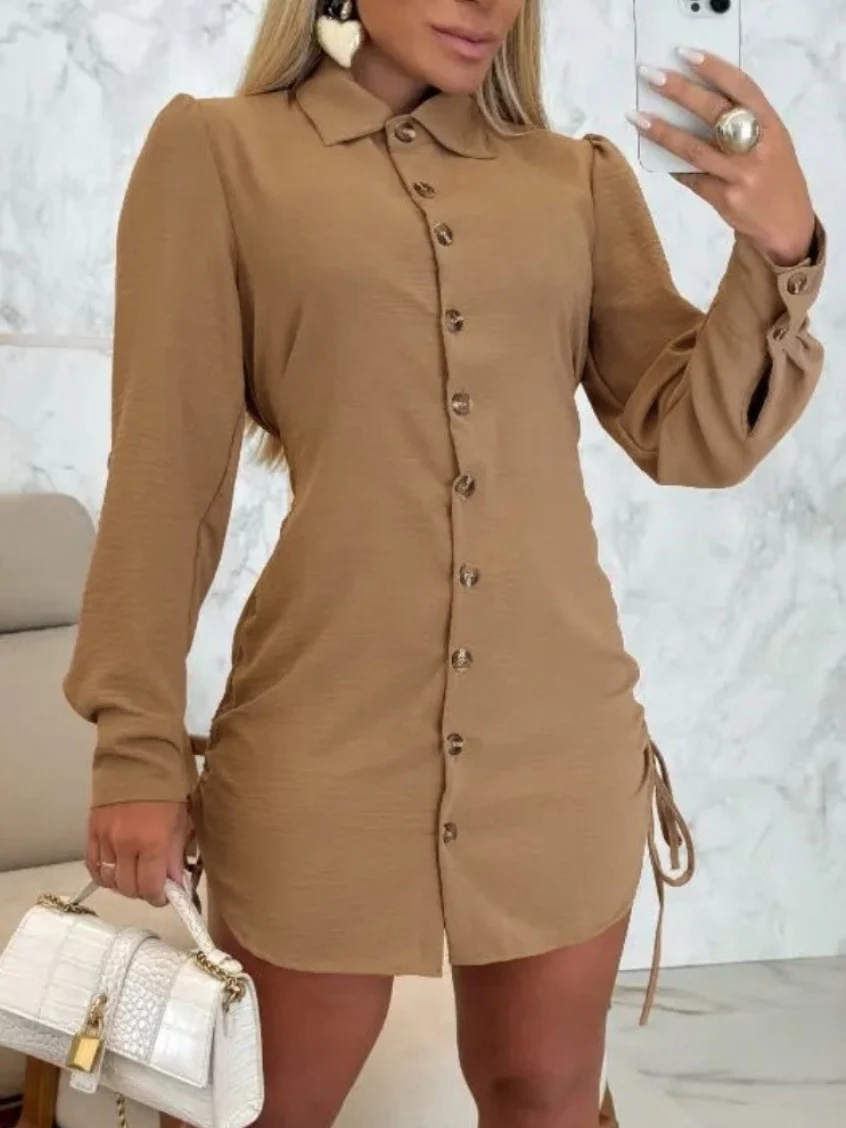 Long-sleeved Solid Color Short Dress With Drawstring Buttons On Both Sides - Image 8