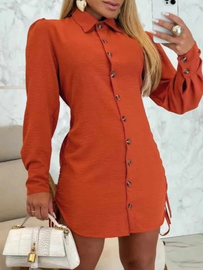 Long-sleeved Solid Color Short Dress With Drawstring Buttons On Both Sides - Image 9