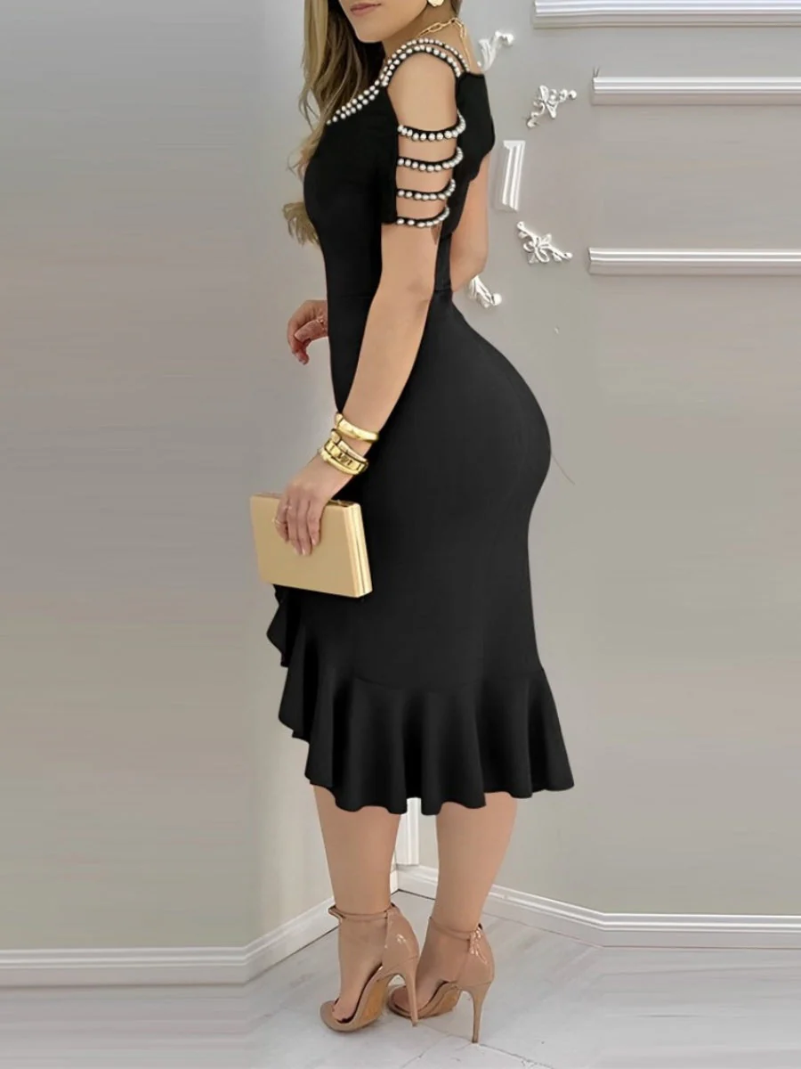 Ruffle Slit Pearl Decoration Midi Dresses - Image 2