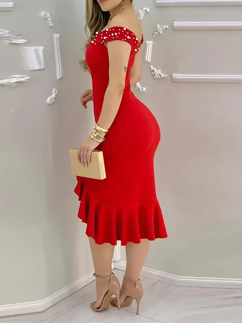 Bodycon, Off-the-shoulder, Ruffled Midi Dress - Image 6