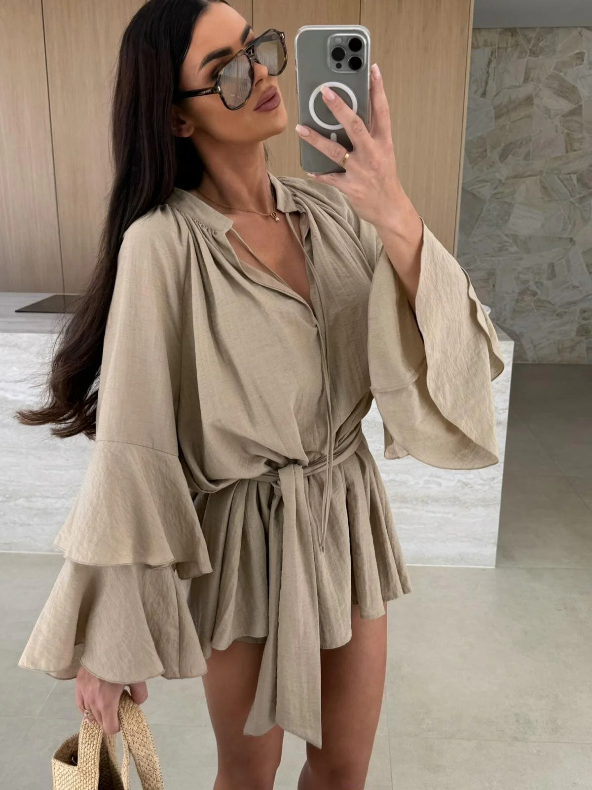 V-neck, Irregular Tie-waist, Long-sleeved, Loose-fitting Short Dress - Image 10