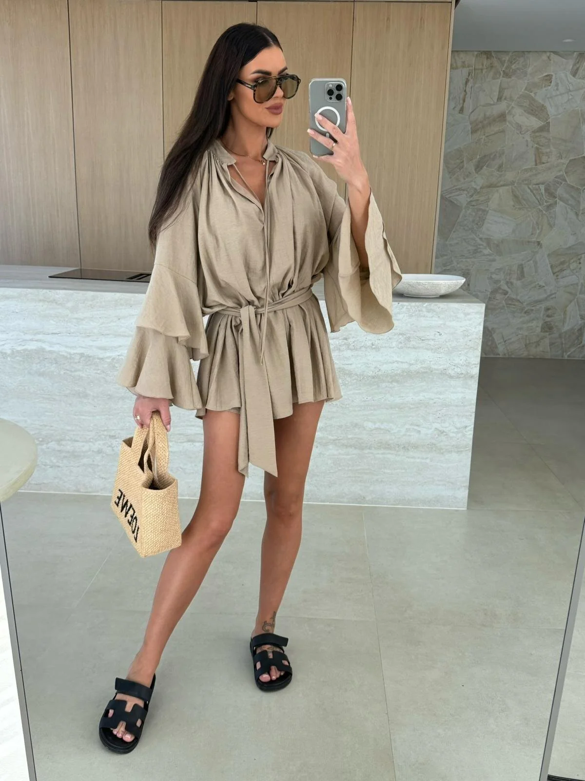 V-neck, Irregular Tie-waist, Long-sleeved, Loose-fitting Short Dress - Image 11