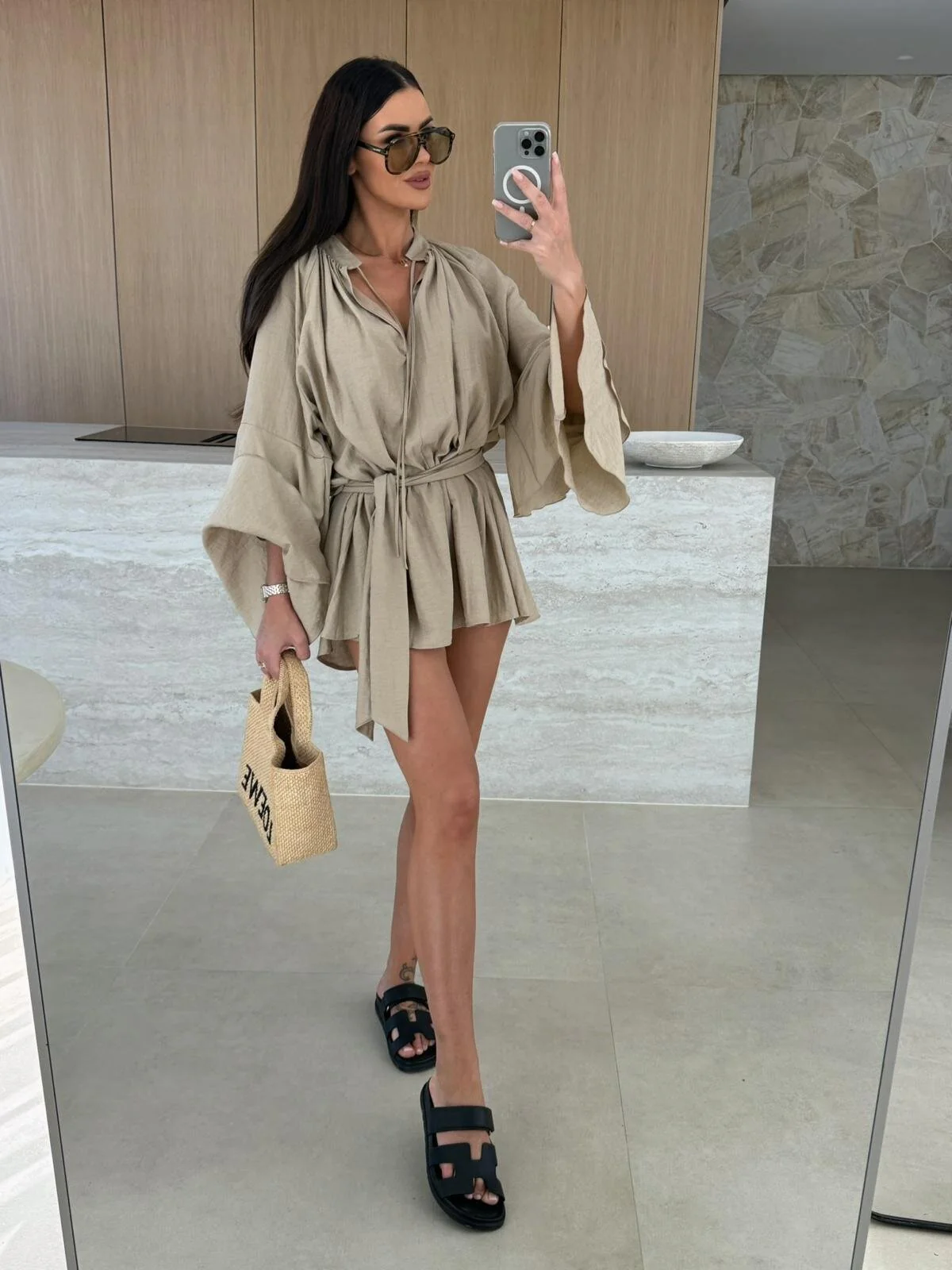 V-neck, Irregular Tie-waist, Long-sleeved, Loose-fitting Short Dress - Image 12