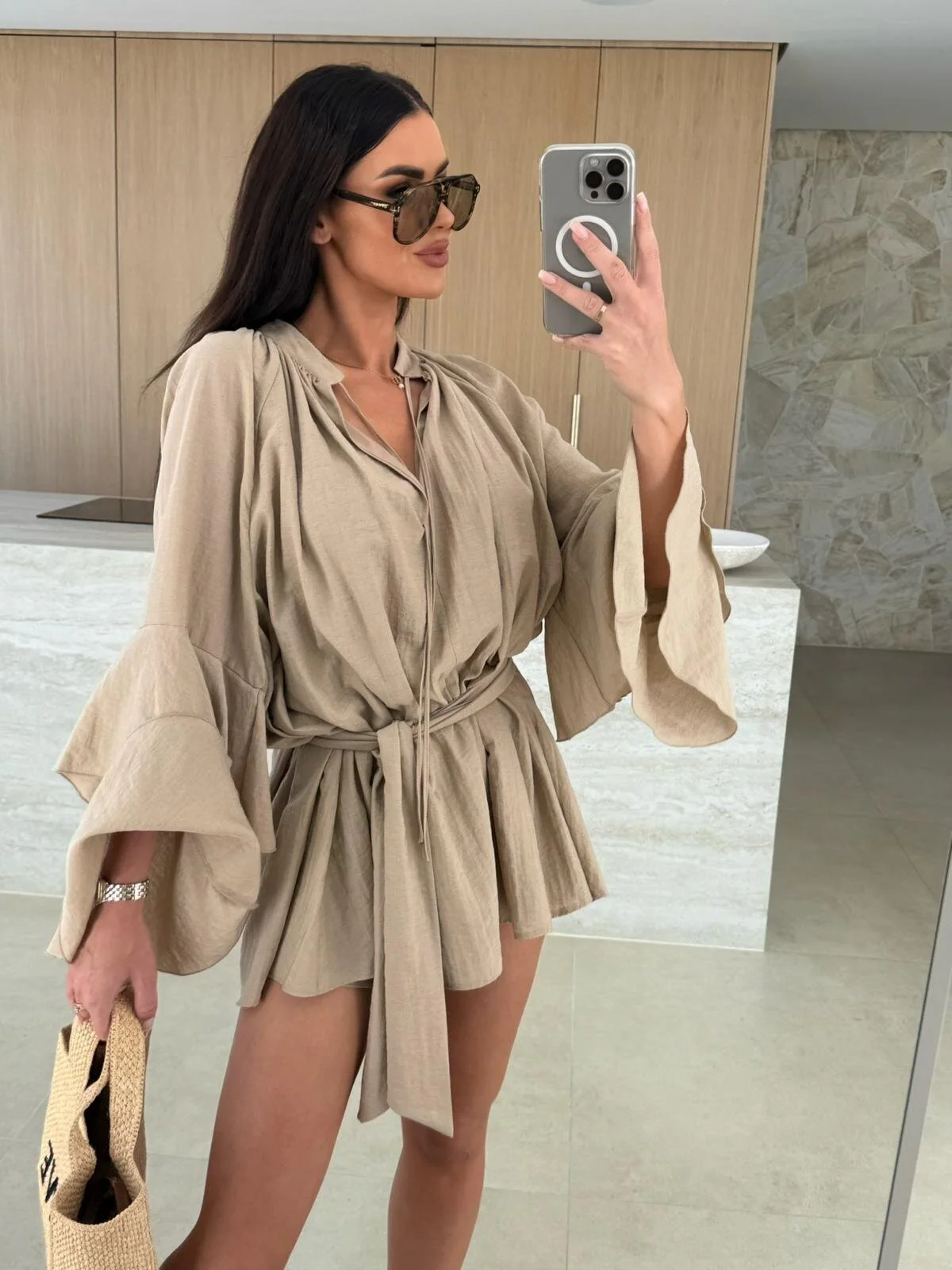 V-neck, Irregular Tie-waist, Long-sleeved, Loose-fitting Short Dress - Image 13