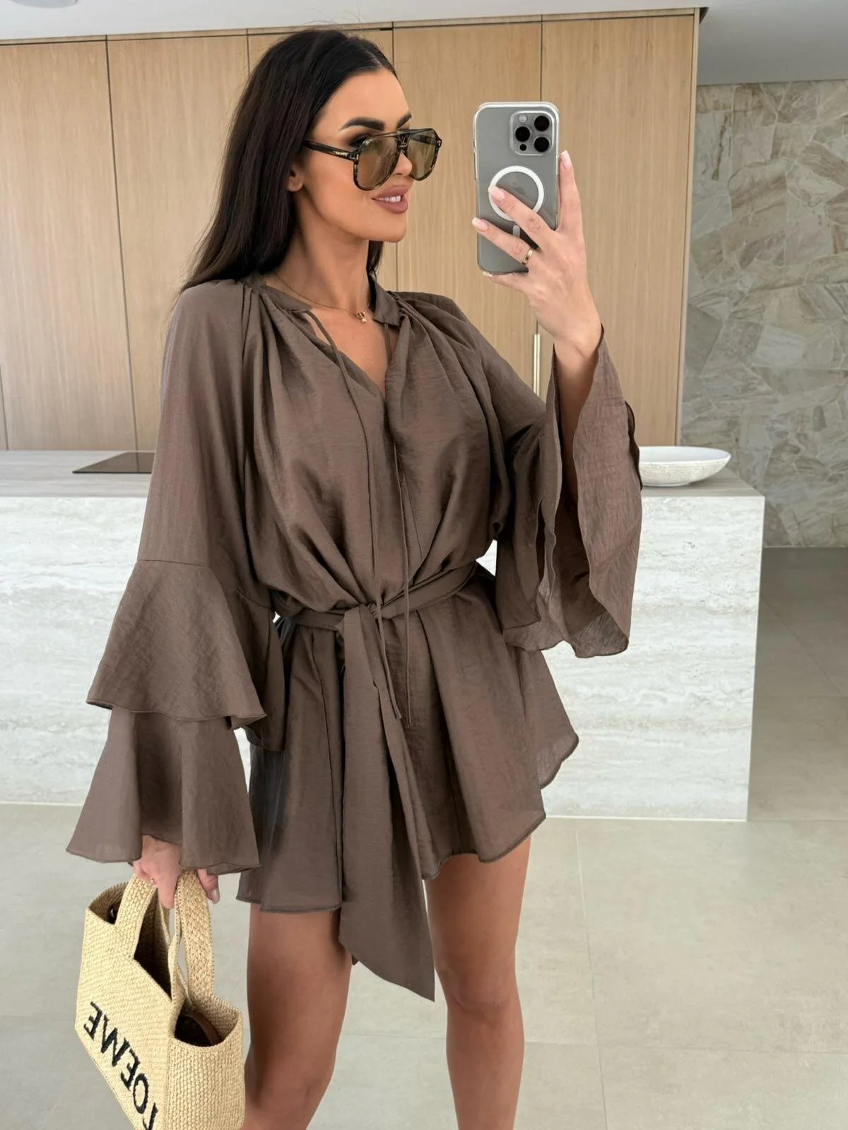 V-neck, Irregular Tie-waist, Long-sleeved, Loose-fitting Short Dress - Image 14