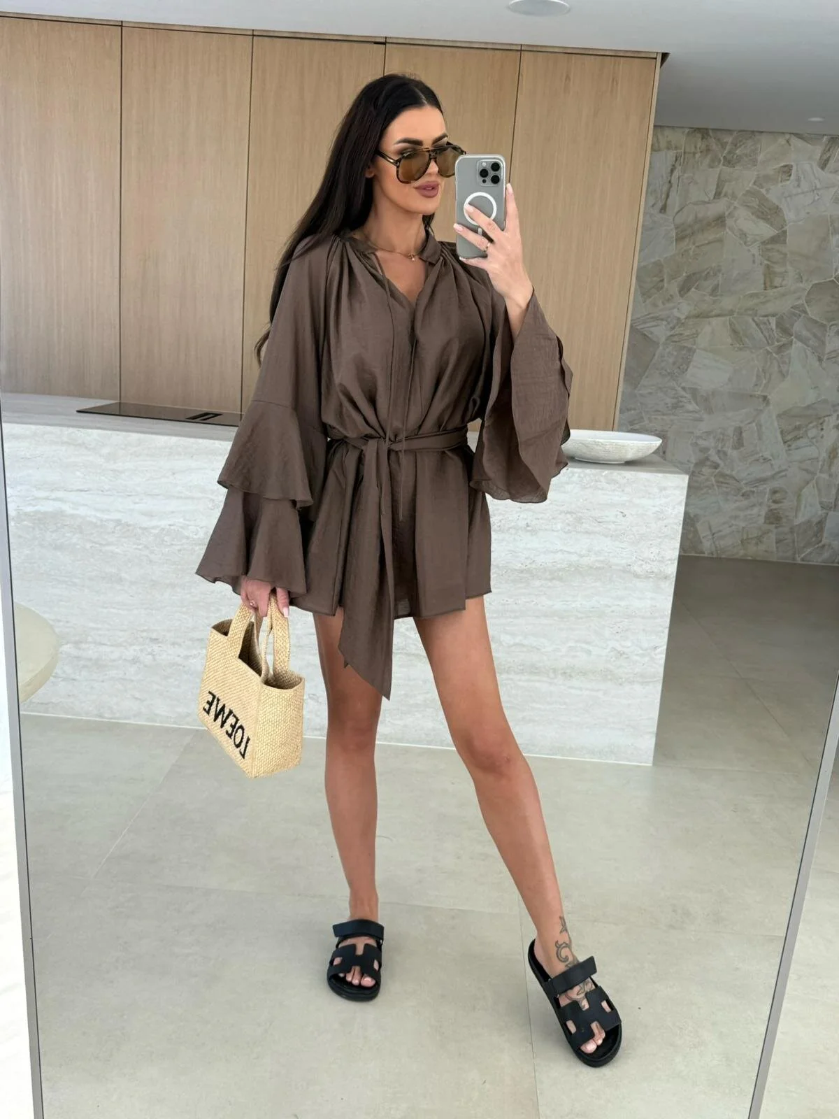 V-neck, Irregular Tie-waist, Long-sleeved, Loose-fitting Short Dress - Image 16