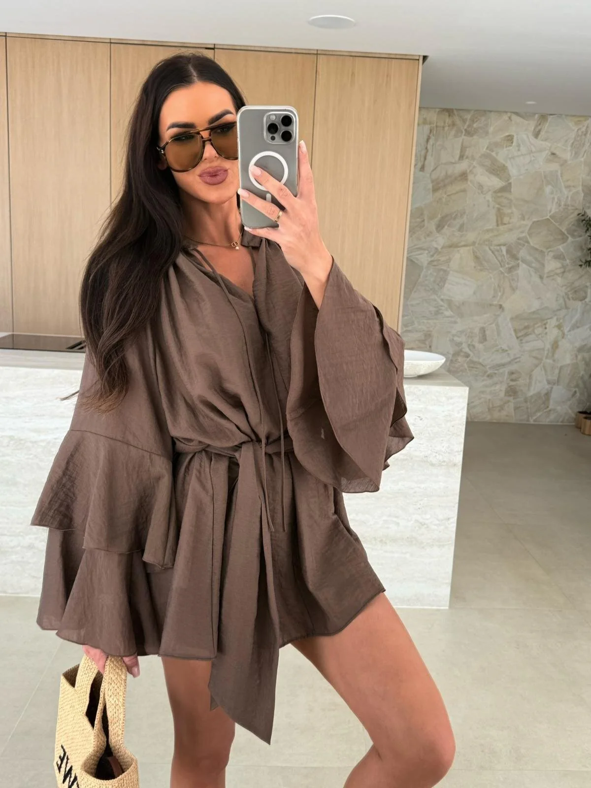 V-neck, Irregular Tie-waist, Long-sleeved, Loose-fitting Short Dress - Image 17