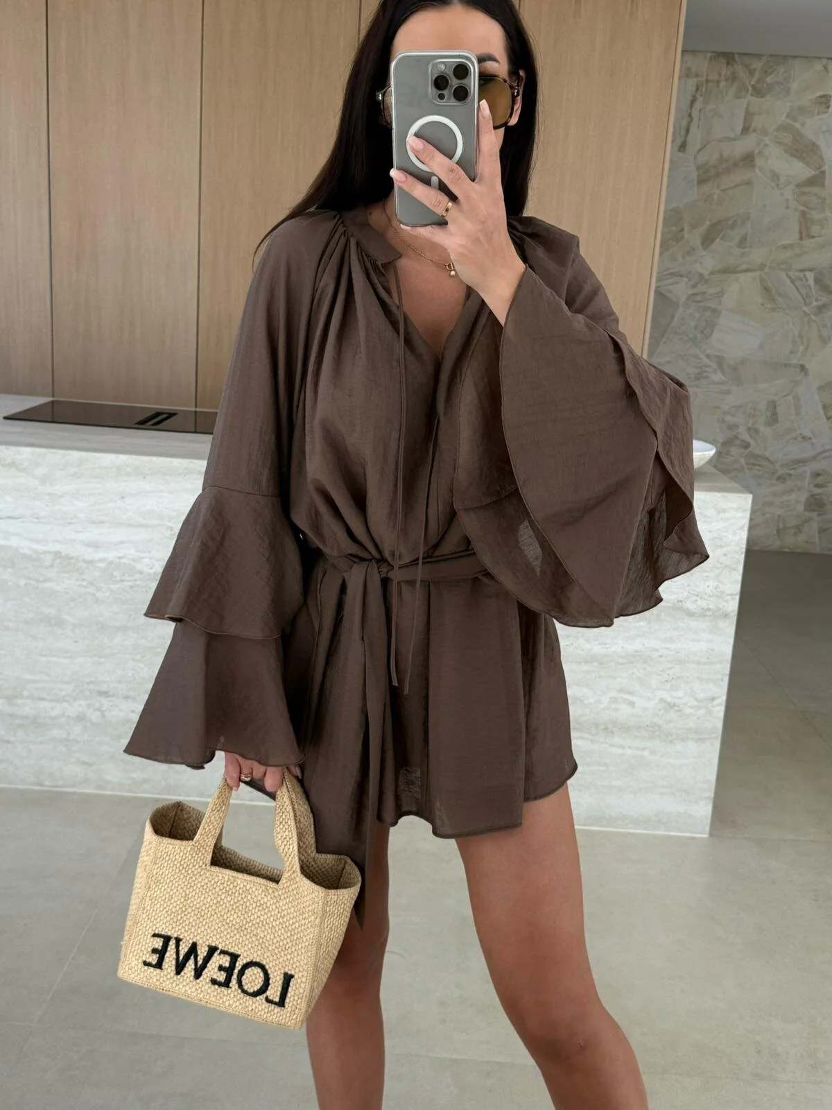 V-neck, Irregular Tie-waist, Long-sleeved, Loose-fitting Short Dress - Image 18