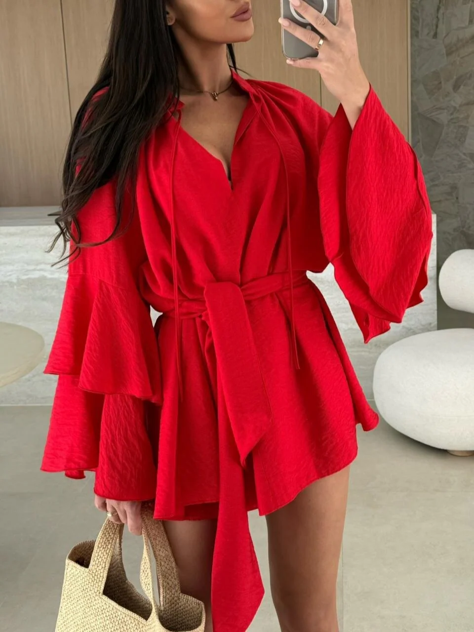 V-neck, Irregular Tie-waist, Long-sleeved, Loose-fitting Short Dress - Image 19