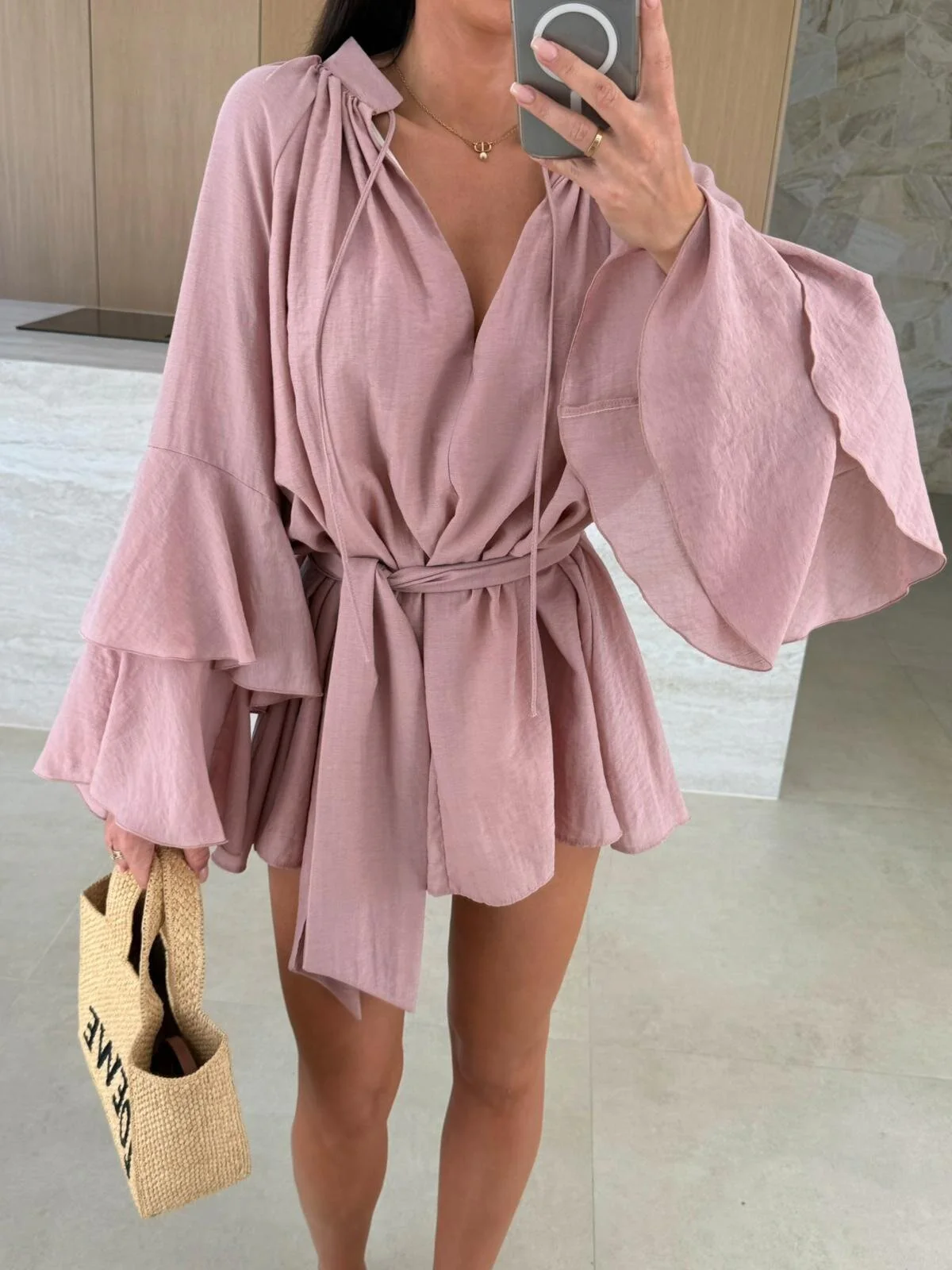V-neck, Irregular Tie-waist, Long-sleeved, Loose-fitting Short Dress - Image 22
