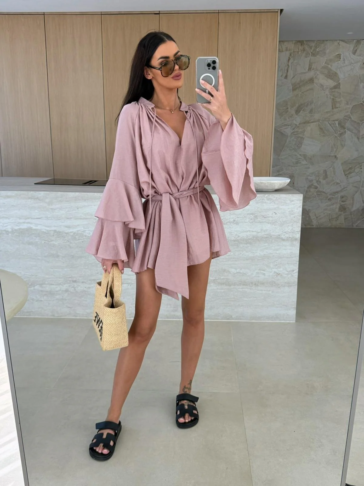 V-neck, Irregular Tie-waist, Long-sleeved, Loose-fitting Short Dress - Image 24