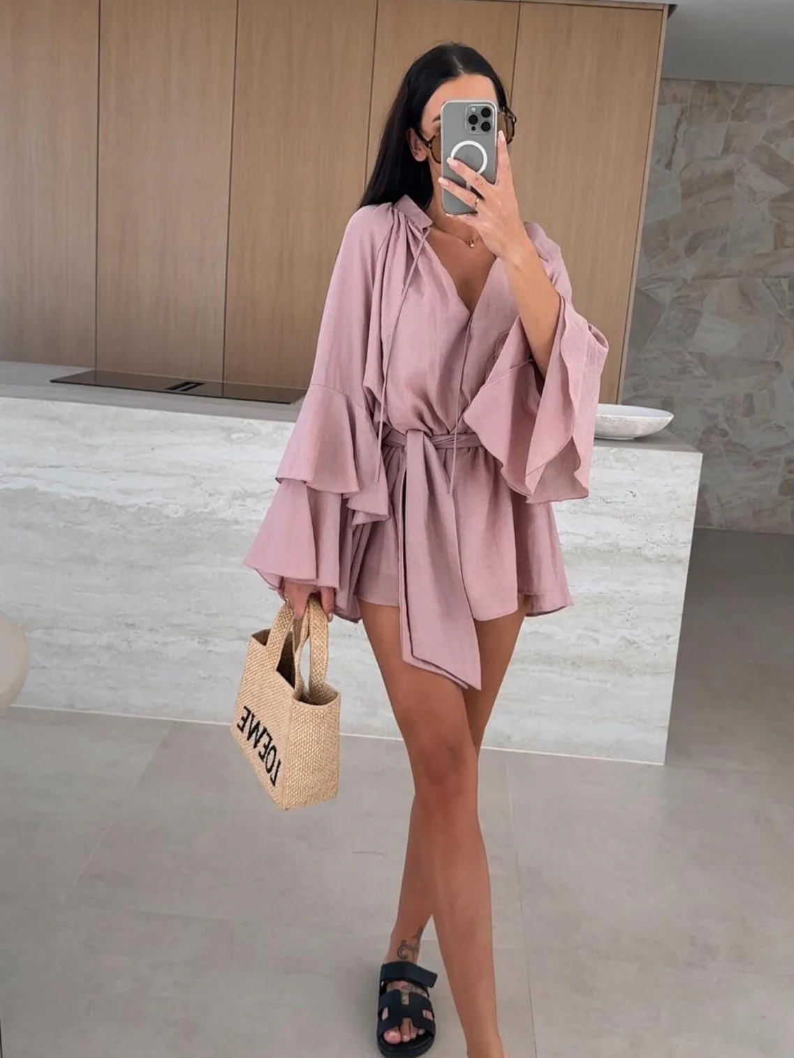 V-neck, Irregular Tie-waist, Long-sleeved, Loose-fitting Short Dress - Image 25