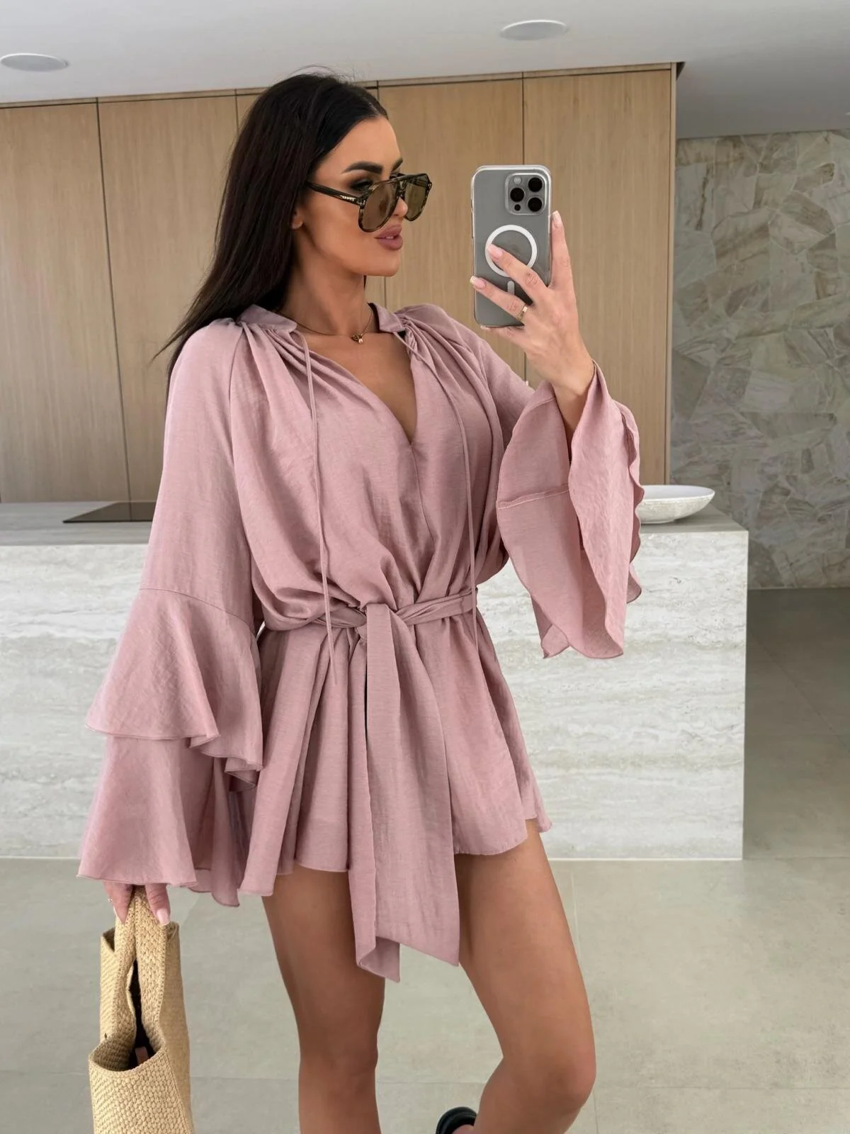 V-neck, Irregular Tie-waist, Long-sleeved, Loose-fitting Short Dress - Image 26