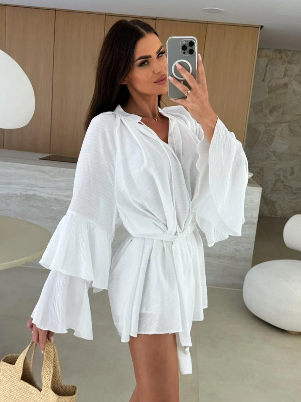 V-neck, Irregular Tie-waist, Long-sleeved, Loose-fitting Short Dress - Image 3