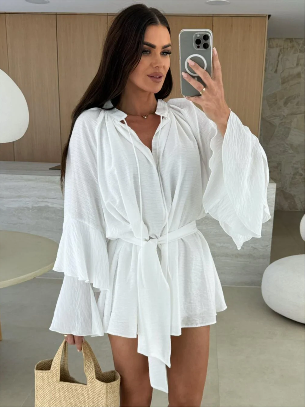 V-neck, Irregular Tie-waist, Long-sleeved, Loose-fitting Short Dress - Image 4