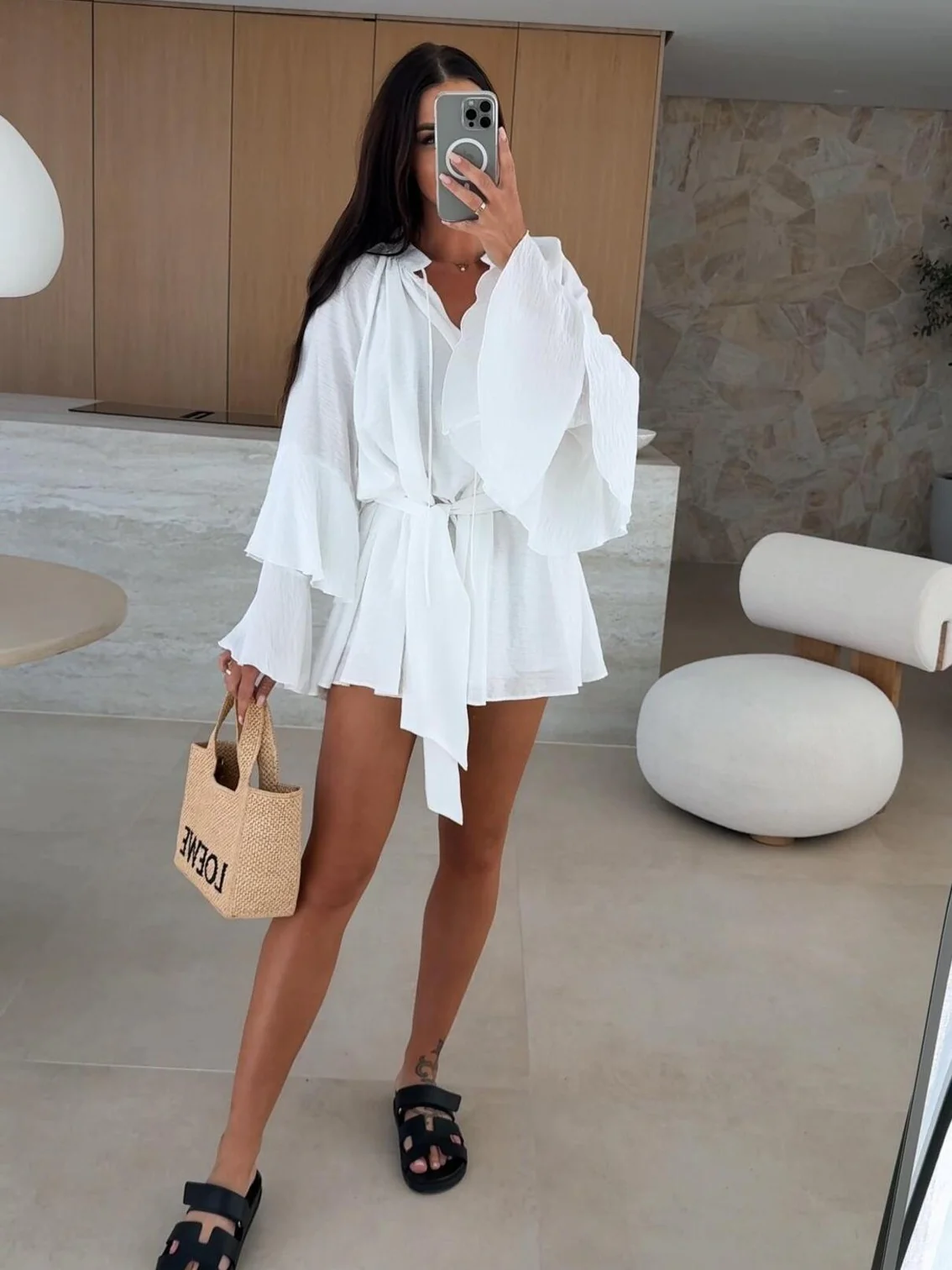 V-neck, Irregular Tie-waist, Long-sleeved, Loose-fitting Short Dress - Image 5