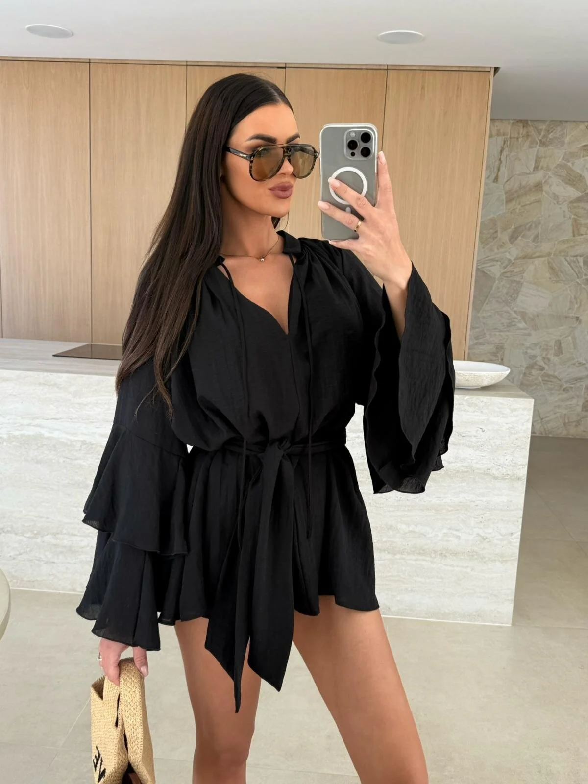 V-neck, Irregular Tie-waist, Long-sleeved, Loose-fitting Short Dress - Image 8