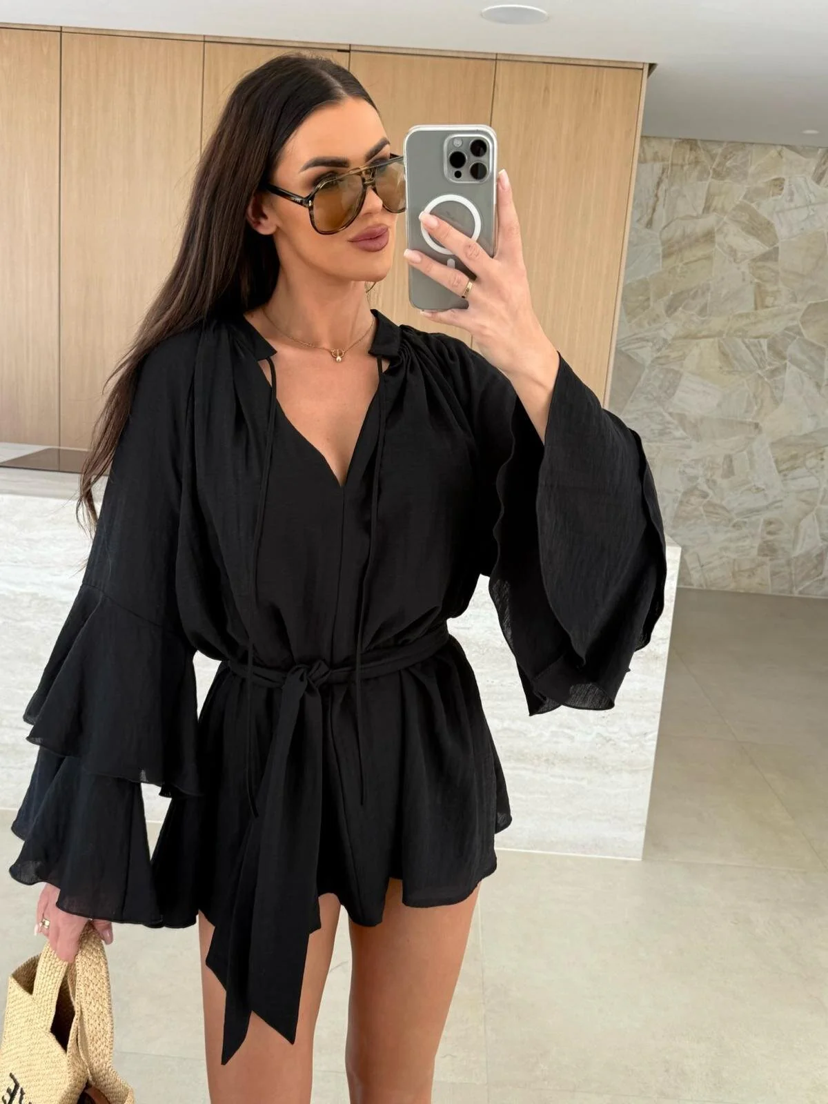 V-neck, Irregular Tie-waist, Long-sleeved, Loose-fitting Short Dress - Image 9