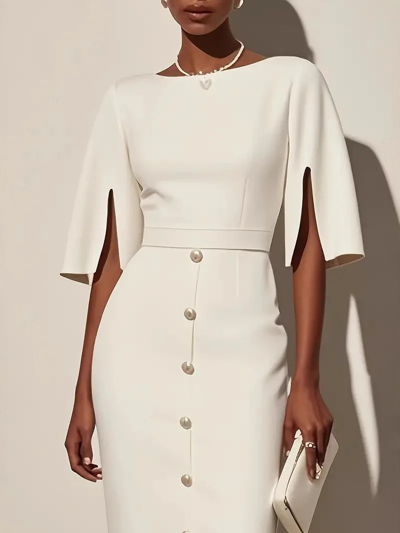 Solid Color Round Neck Fitted Waist Split Button-decorated Midi Dress - Image 2
