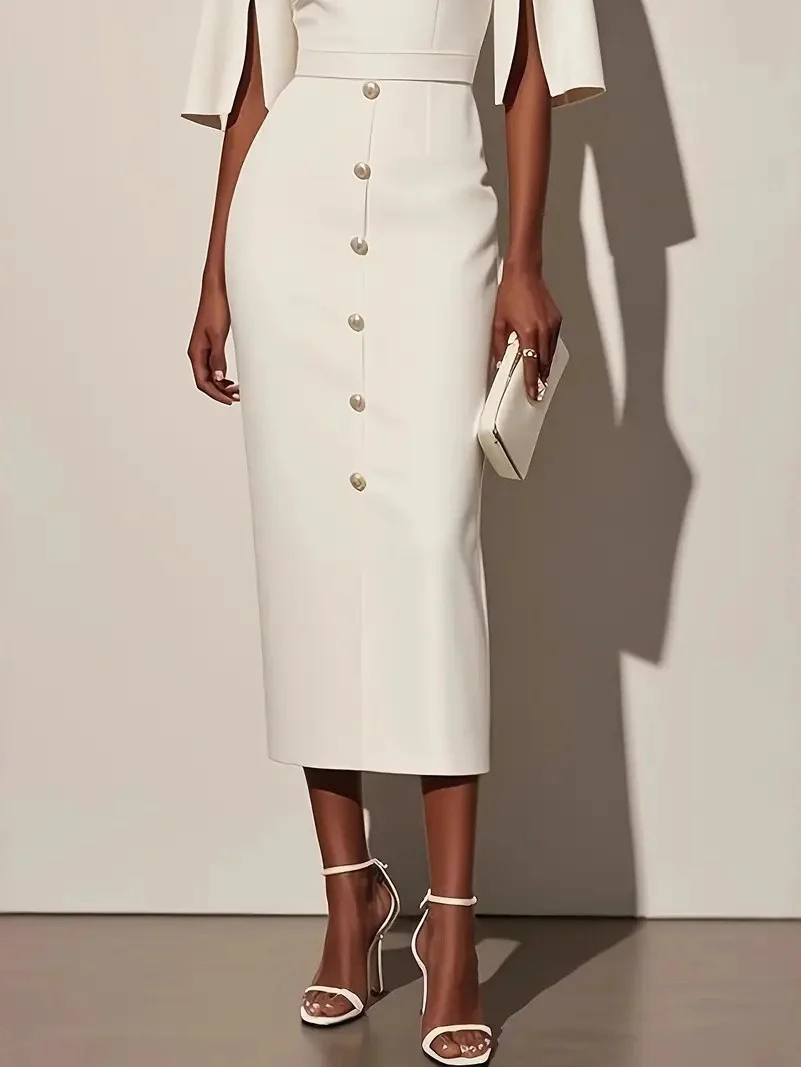 Solid Color Round Neck Fitted Waist Split Button-decorated Midi Dress - Image 3