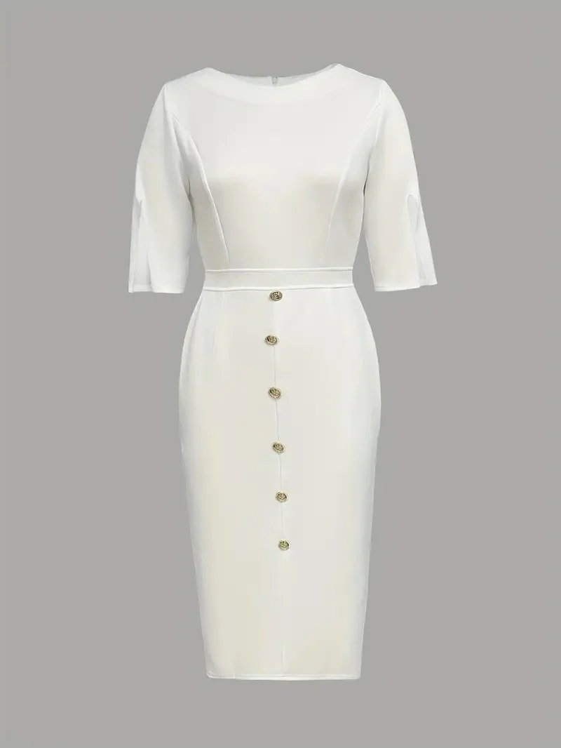 Solid Color Round Neck Fitted Waist Split Button-decorated Midi Dress - Image 4