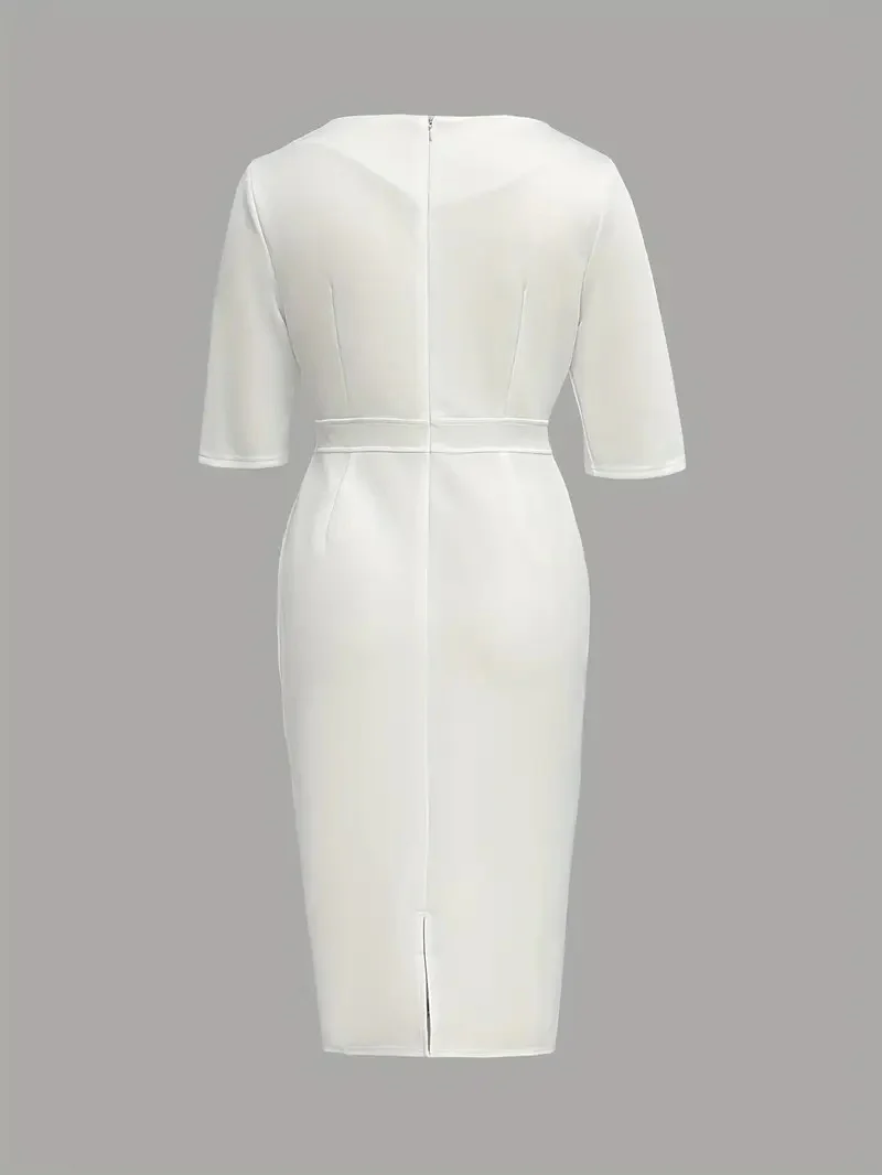 Solid Color Round Neck Fitted Waist Split Button-decorated Midi Dress - Image 5